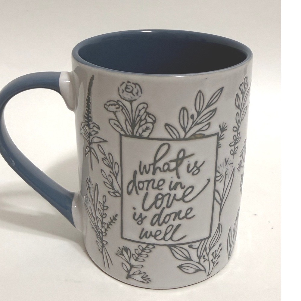 White Blue Botanical Inspirational Love Quote Ceramic Coffee Mug 4.5in